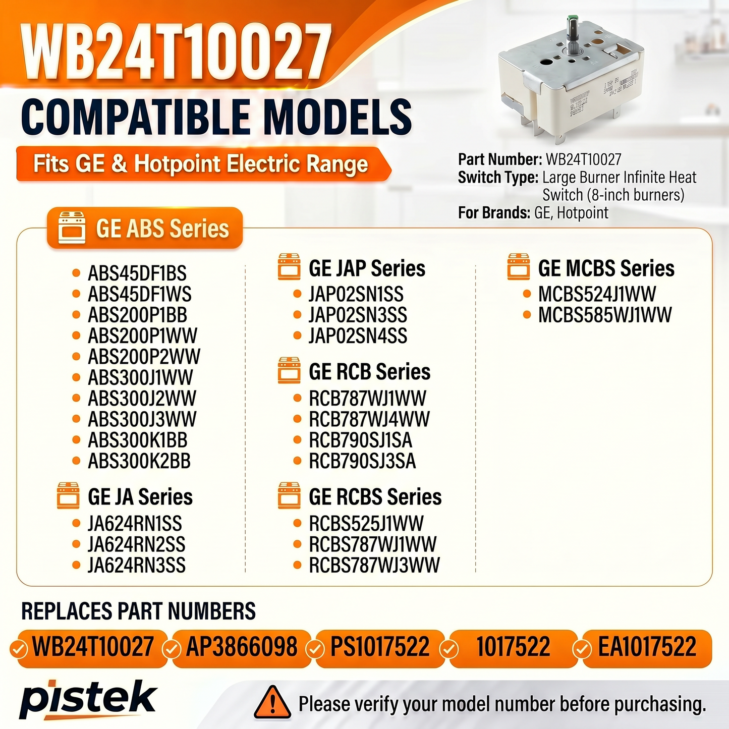 WB24T10027 Burner Temperature Regulator for GE ABS45DF1BS JA624RN3SS JAP02SN1SS RCB787WJ1WW MCBS585WJ1WW RCB790SJ3SA Electric Ranges – 8 Inch Surface Element Switch AP2024074 PS236752