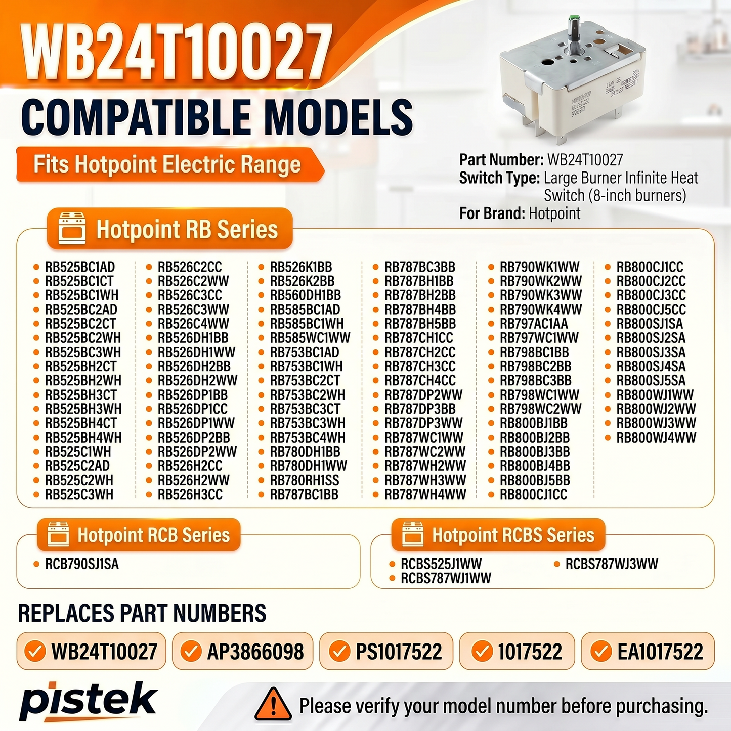 Hotpoint RB RCB RCBS Burner Heat Switch WB24T10027 for RB525 RB526 RB787 RB790 RB800 Electric Range Surface Element Control AP2024074