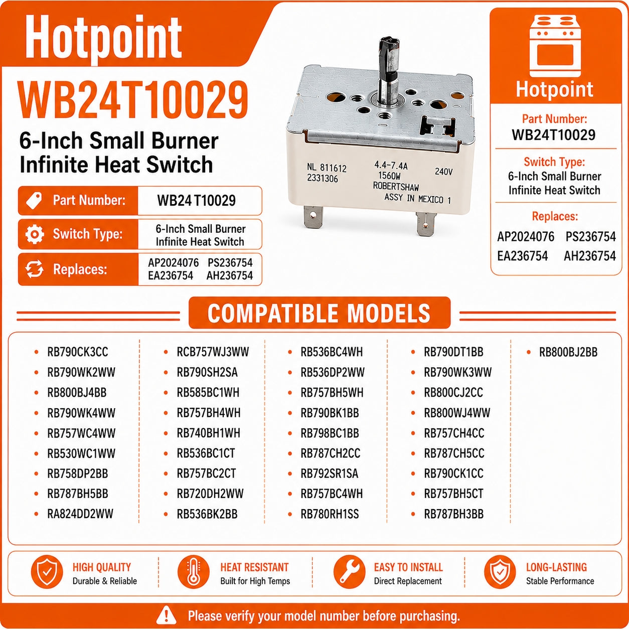 Electric Stove Burner Control Switch WB24T10029 for Hotpoint RB RA RCB Series Ranges, 6 Inch Infinite Heat Switch Replacement, Replaces AP2024076 PS236754 EA236754 AH236754