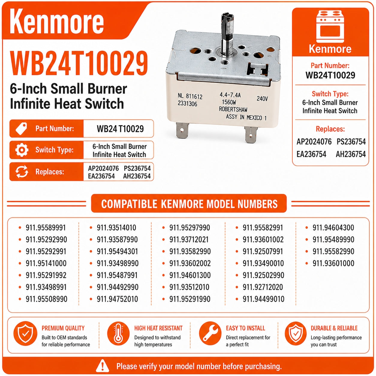 WB24T10029 Infinite Heat Switch Compatible with Kenmore Electric Range Stove Burner Control, 6 Inch Small Surface Element Switch Replacement AP2024076 EA236754 PS236754