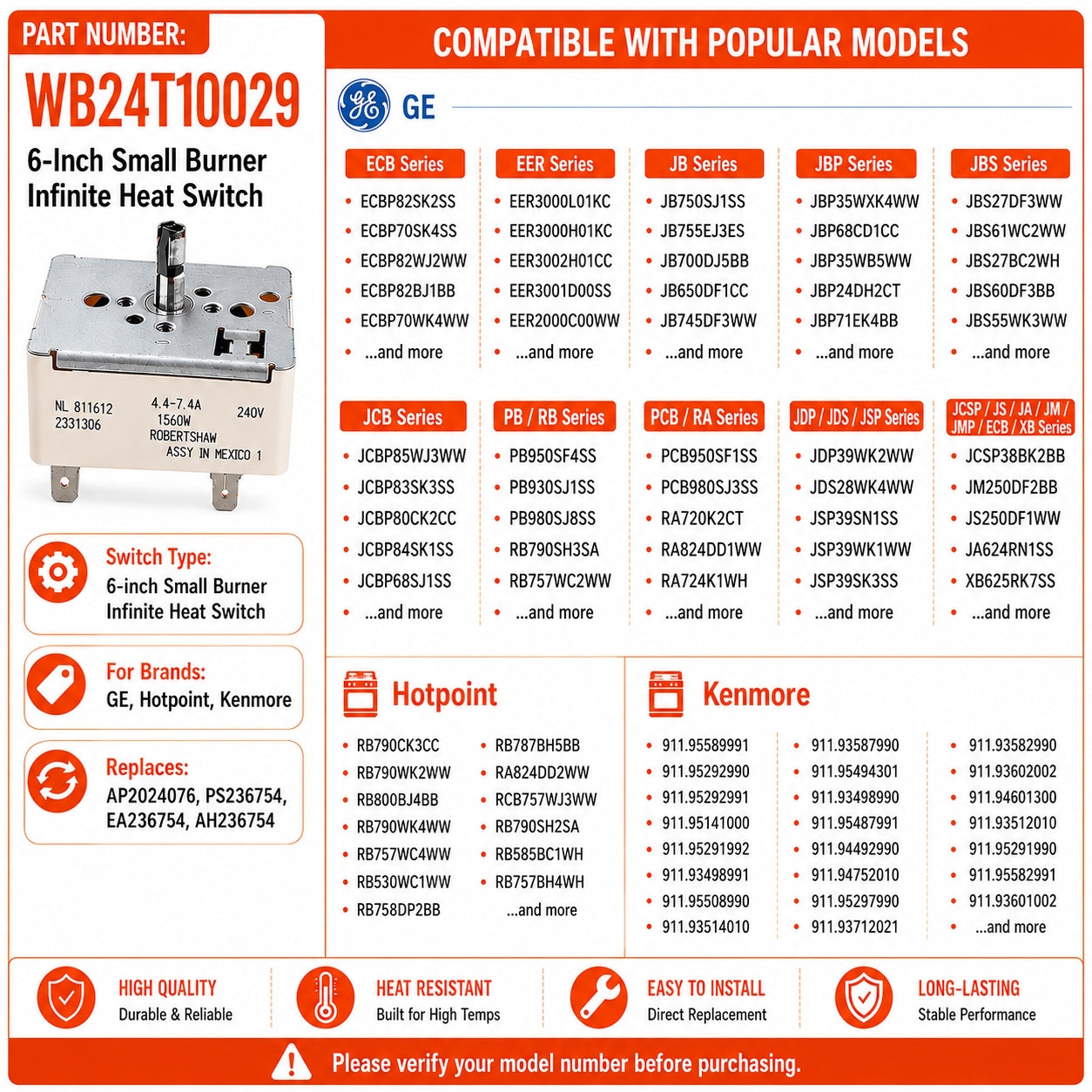 WB24T10029 Electric Range Infinite Switch Replacement for GE Hotpoint Kenmore Stove Surface Burner Control Switch, Fits ECB EER JB JBP JBS JCB PB RB PCB RA JDP JDS JSP JCSP JS JA JM JMP XB Series, Replaces AP2024076 PS236754 EA236754 AH236754 (6")
