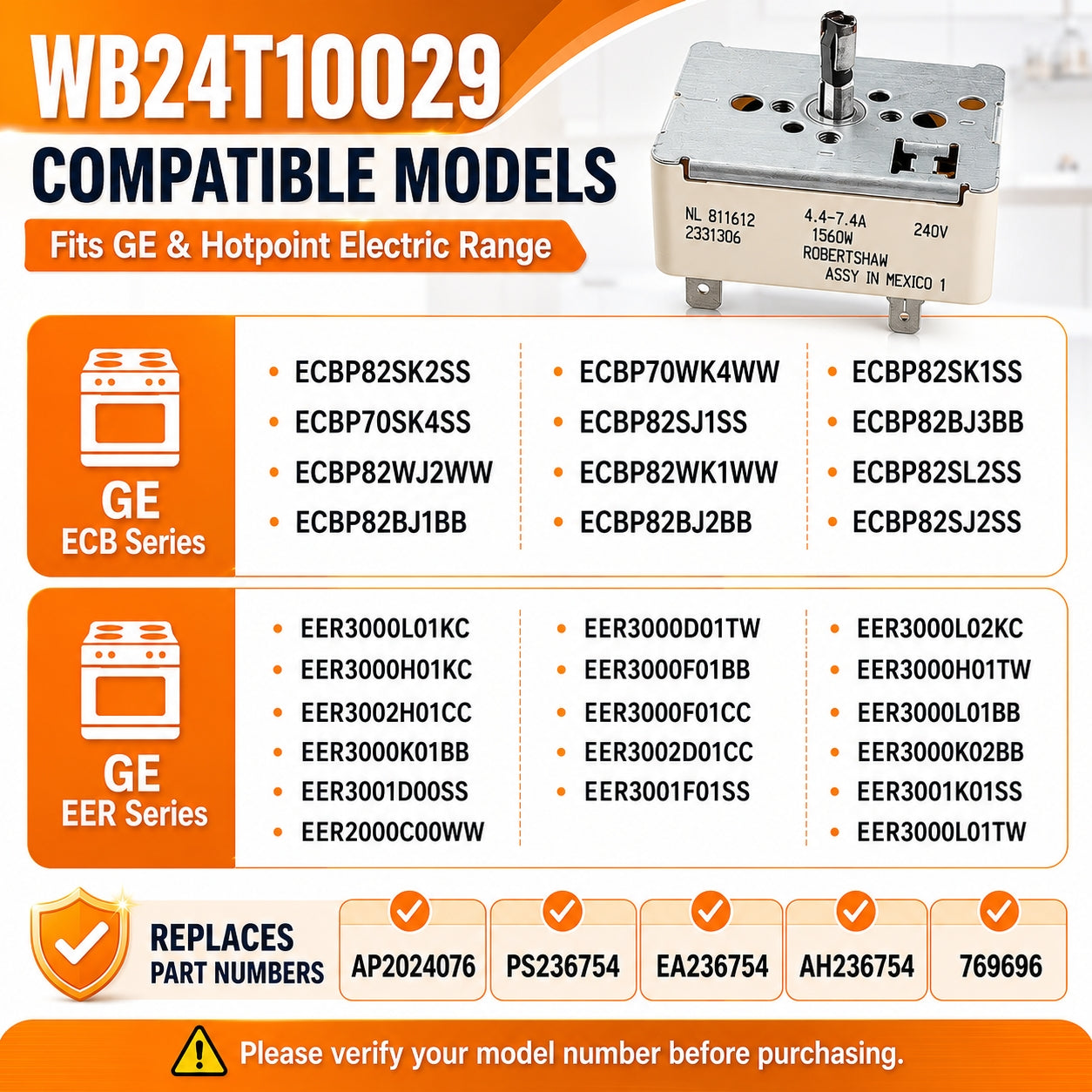6 Inch Infinite Heat Switch WB24T10029 Replacement for GE ECB EER Series Electric Range Burner Control, Replaces AP2024076 PS236754 EA236754 AH236754 769696 Surface Element Switch