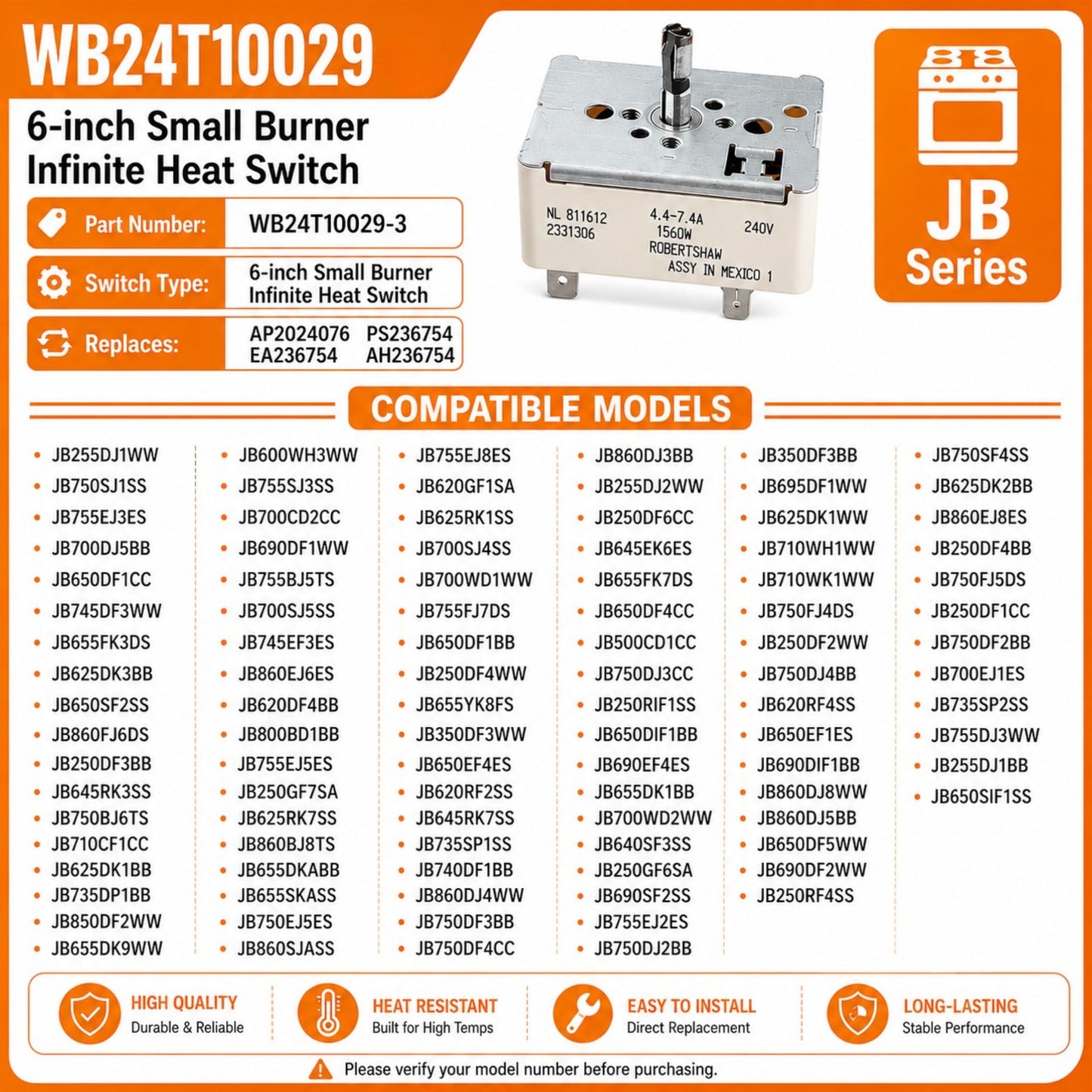 GE JB Series Range Burner Control Switch Replacement WB24T10029, 6 Inch Small Surface Element Infinite Heat Switch, Replaces AP2024076 EA236754 PS236754 AH236754