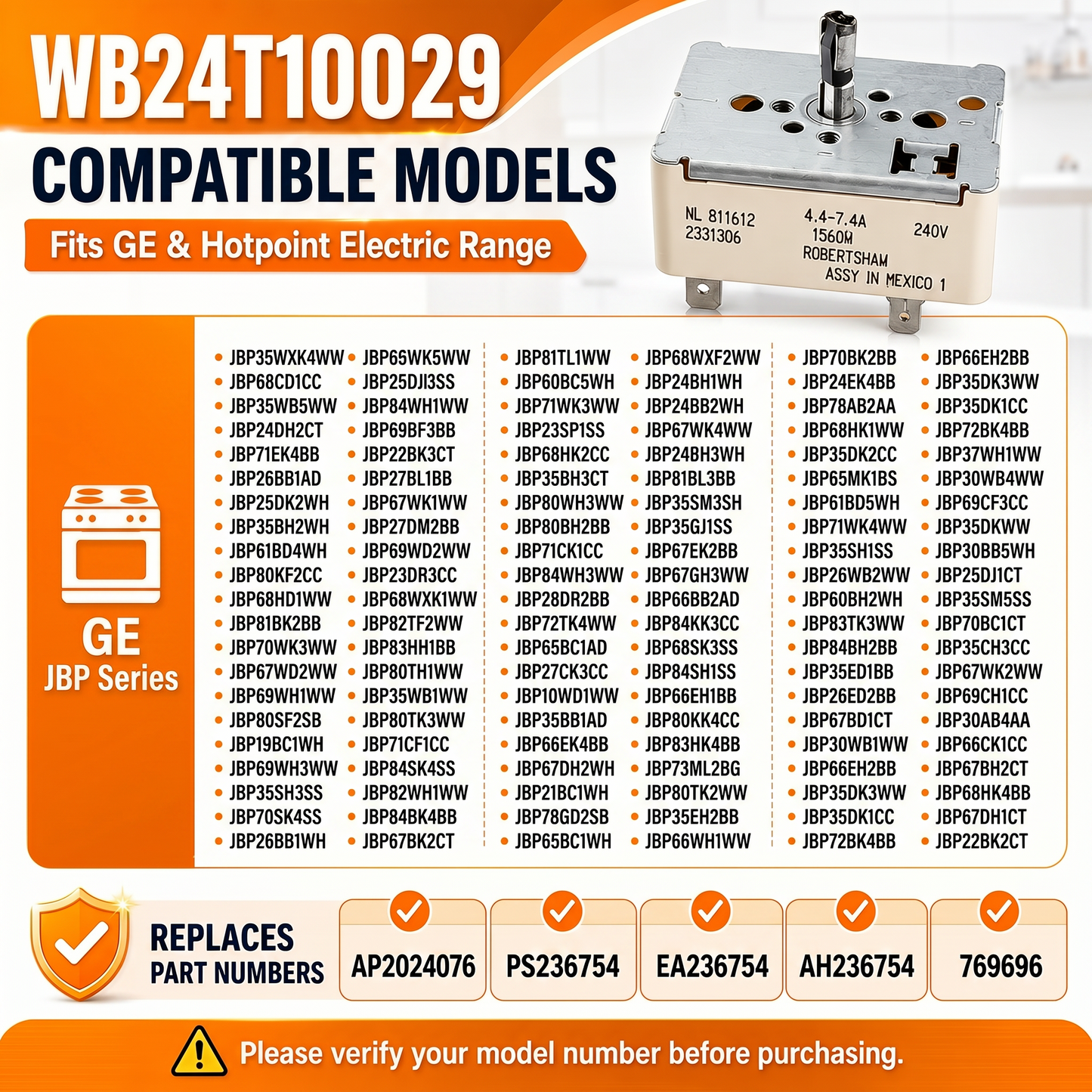Electric Range Infinite Switch WB24T10029 for GE JBP Series Stove Burner Control JBP26BB1AD  JBP25DK2WH  JBP35BH2WH, 6 Inch Small Surface Burner Replacement, Replaces AP2024076 PS236754 EA236754 AH236754