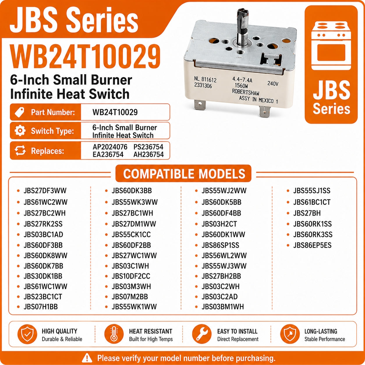 Surface Burner Infinite Switch WB24T10029 Compatible with GE JBS Series Electric Range JBS27DF3WW JBS61WC2WW JBS27BC2WH, 6 Inch Small Burner Control Switch Replacement for Stove, Replaces AP2024076 PS236754 EA236754 AH236754