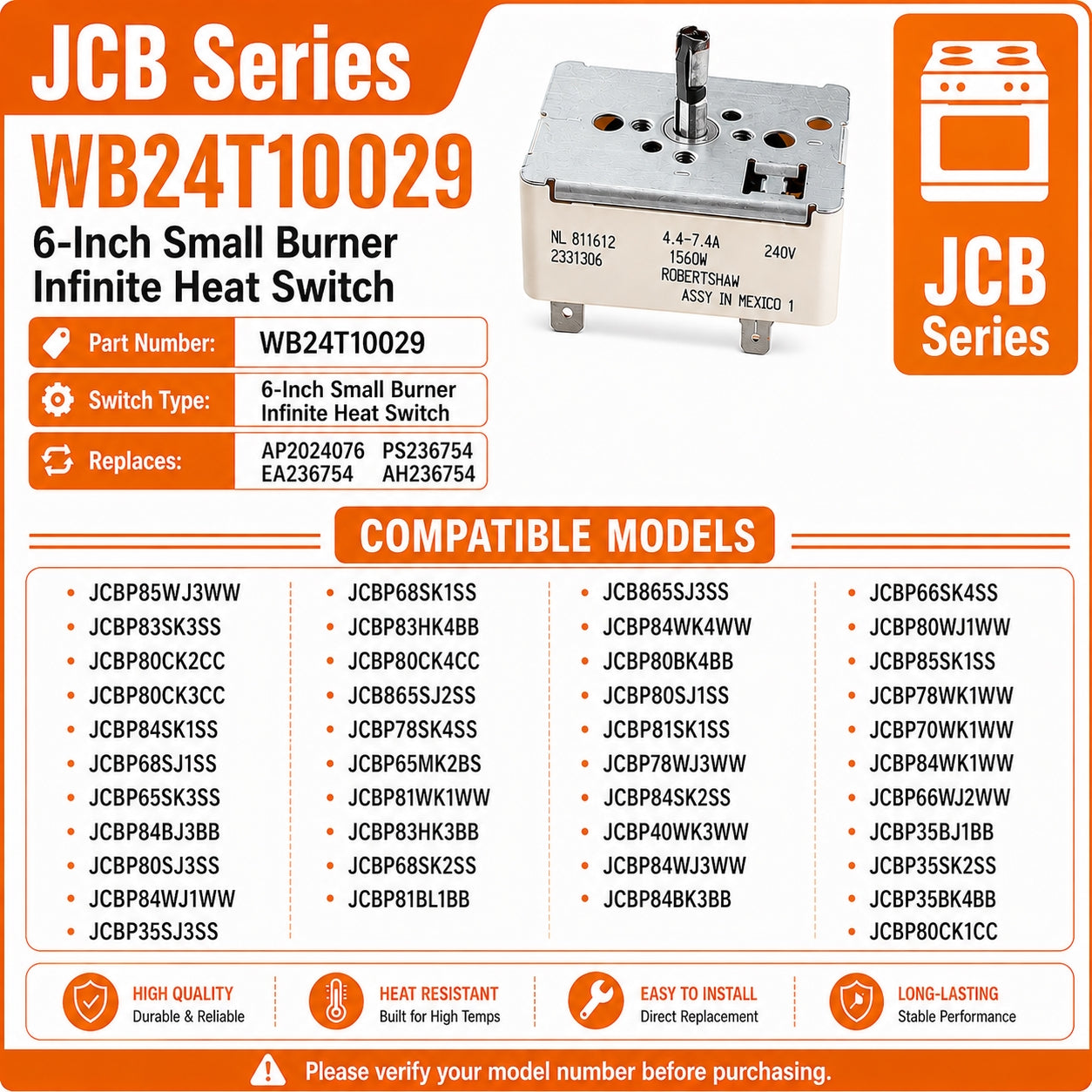 GE JCBP Series JCBP68SJ1SS  JCBP65SK3SS  JCBP84BJ3BB Infinite Heat Switch Replacement WB24T10029 for Electric Range Surface Burner Control, 6 Inch Small Burner Switch, Replaces PS236754 AP2024076 EA236754