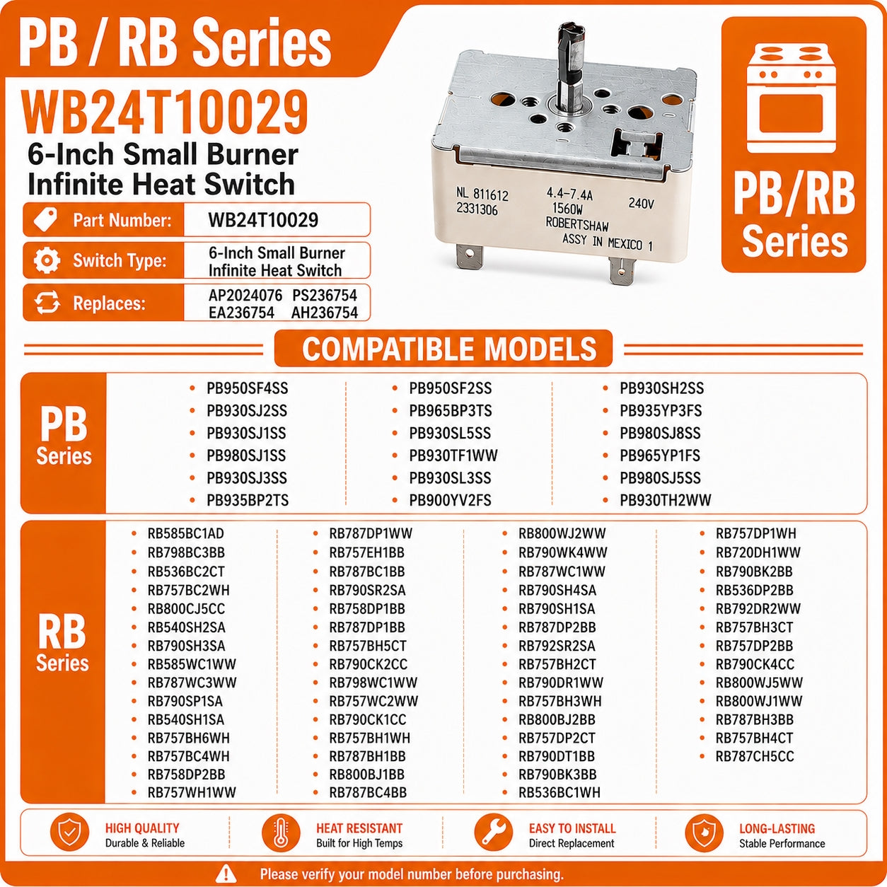 6 Inch Burner Control Infinite Switch WB24T10029 for GE Hotpoint PB RB Series Electric Range Stove PB950SF4SS  PB930SJ2SS RB585BC1AD  RB798BC3BB, Surface Element Heat Switch Replacement AP2024076 EA236754 PS236754