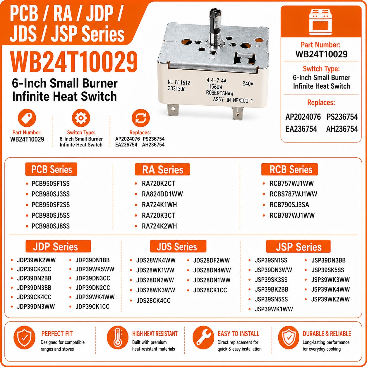 WB24T10029 Stove Burner Infinite Heat Switch for GE PCB950SF1SS RA720K2CT JDP39WK2WW JDS28WK4WW JSP39SN1SS Electric Ranges, 6 Inch Surface Burner Control Replacement, Replaces AP2024076 PS236754 EA236754