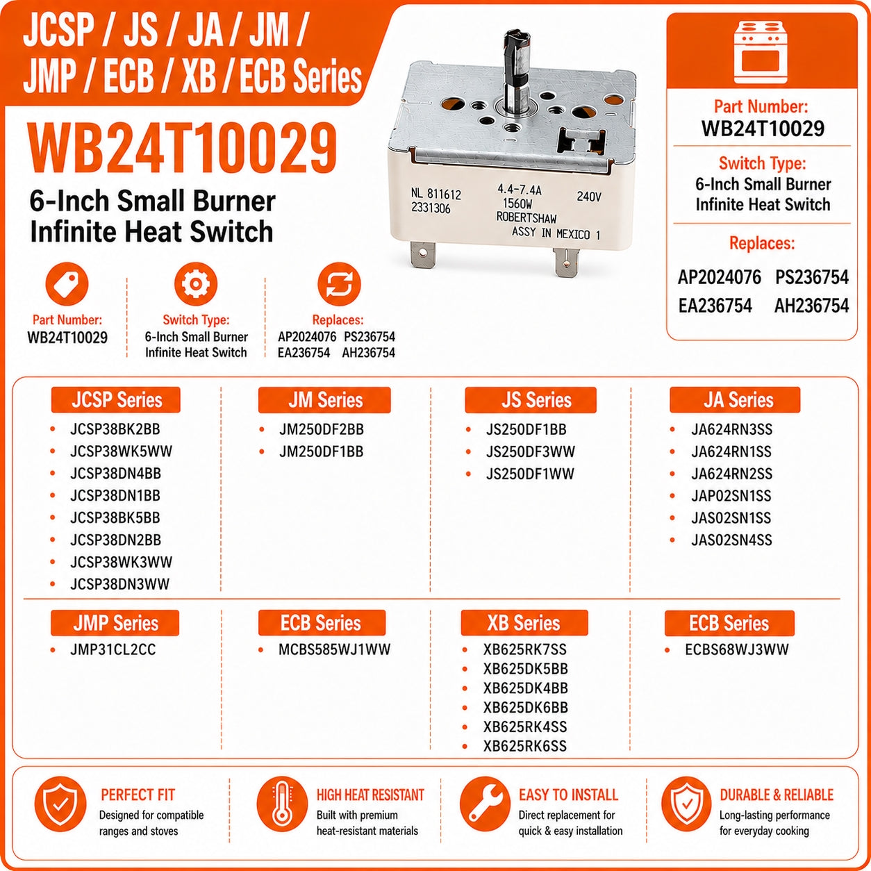 6 Inch Small Burner Infinite Switch WB24T10029 Compatible with GE JCSP38BK2BB JS250DF1BB JAP02SN1SS JMP31CL2CC XB625RK7SS Electric Ranges, Surface Burner Control Switch Replacement AP2024076 EA236754
