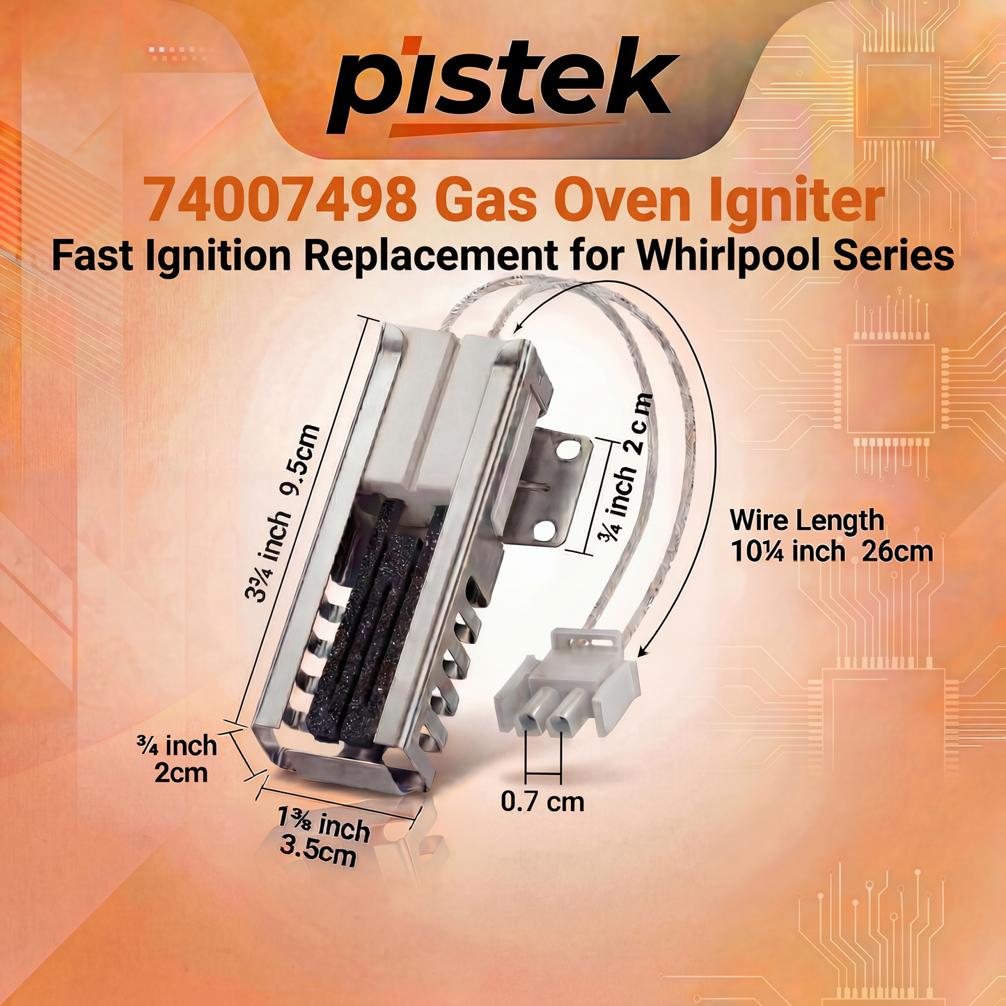 Gas Oven Bake Igniter 74007498 for Whirlpool GW397LXUB0 GW399LXUB0, Range Igniter Replacement Fixes Delayed Ignition & Weak Flame, Replaces 7432P075-60 AP4096256