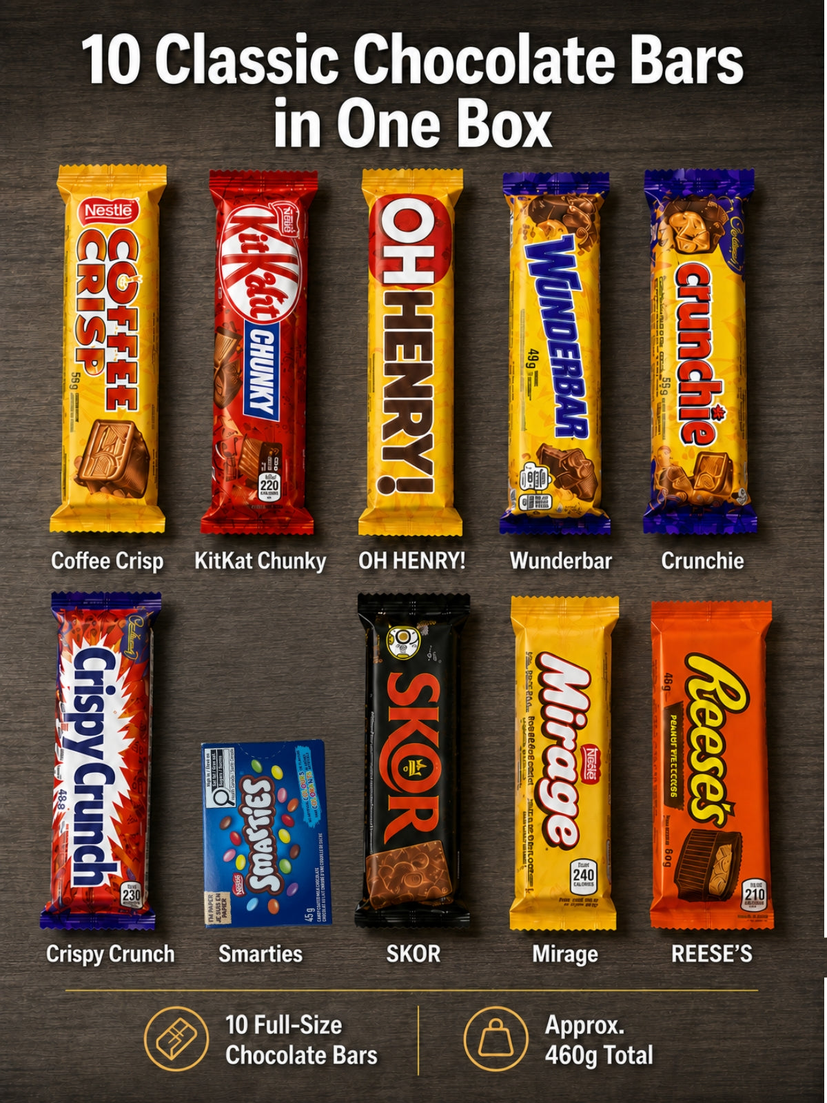 Chocolate Bar Assortment Gift Box, 10 Count, 16.54oz Variety pack.Milk chocolate gift box with a crispy crunchy assortment. Perfect for sharing, gifting, office snacks, and sweet cravings
