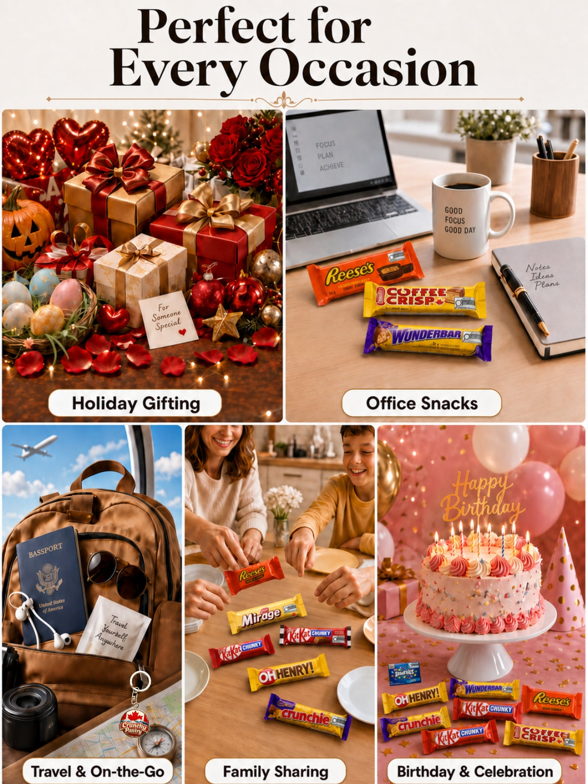 Chocolate Bar Assortment Gift Box, 10 Count, 16.54oz Variety pack.Milk chocolate gift box with a crispy crunchy assortment. Perfect for sharing, gifting, office snacks, and sweet cravings
