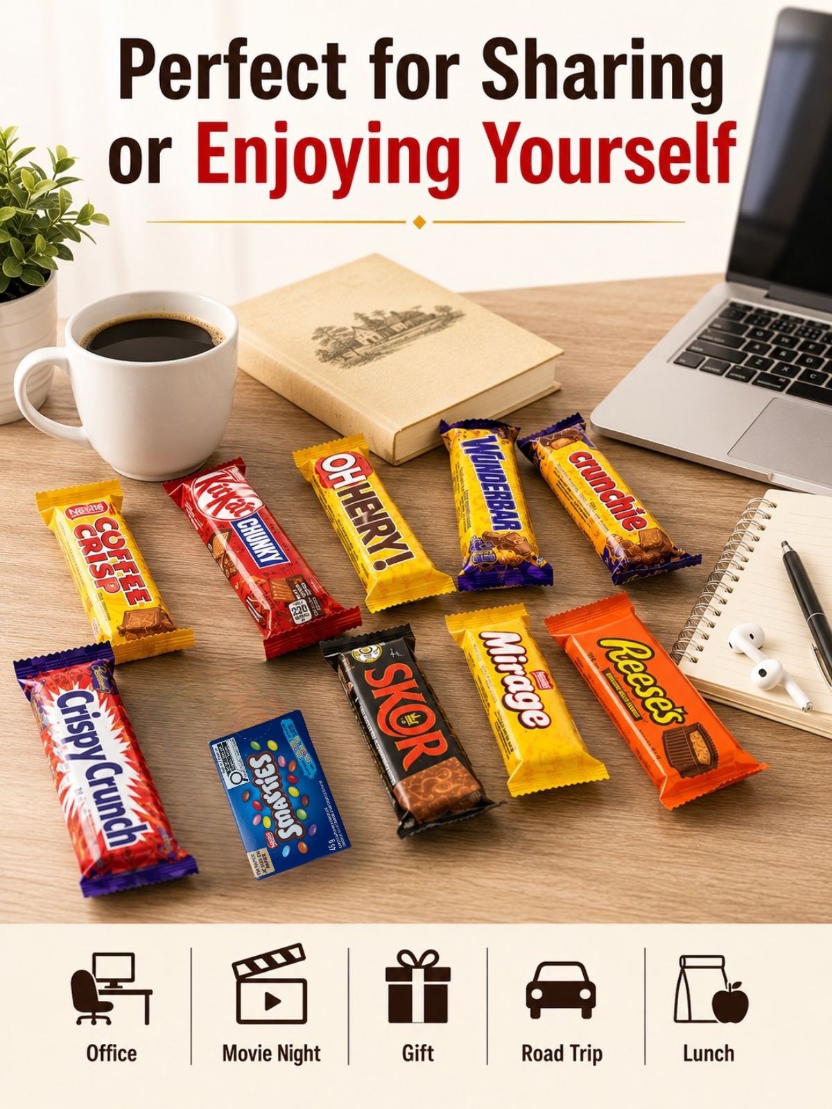Chocolate Bar Assortment Gift Box, 10 Count, 16.54oz Variety pack.Milk chocolate gift box with a crispy crunchy assortment. Perfect for sharing, gifting, office snacks, and sweet cravings
