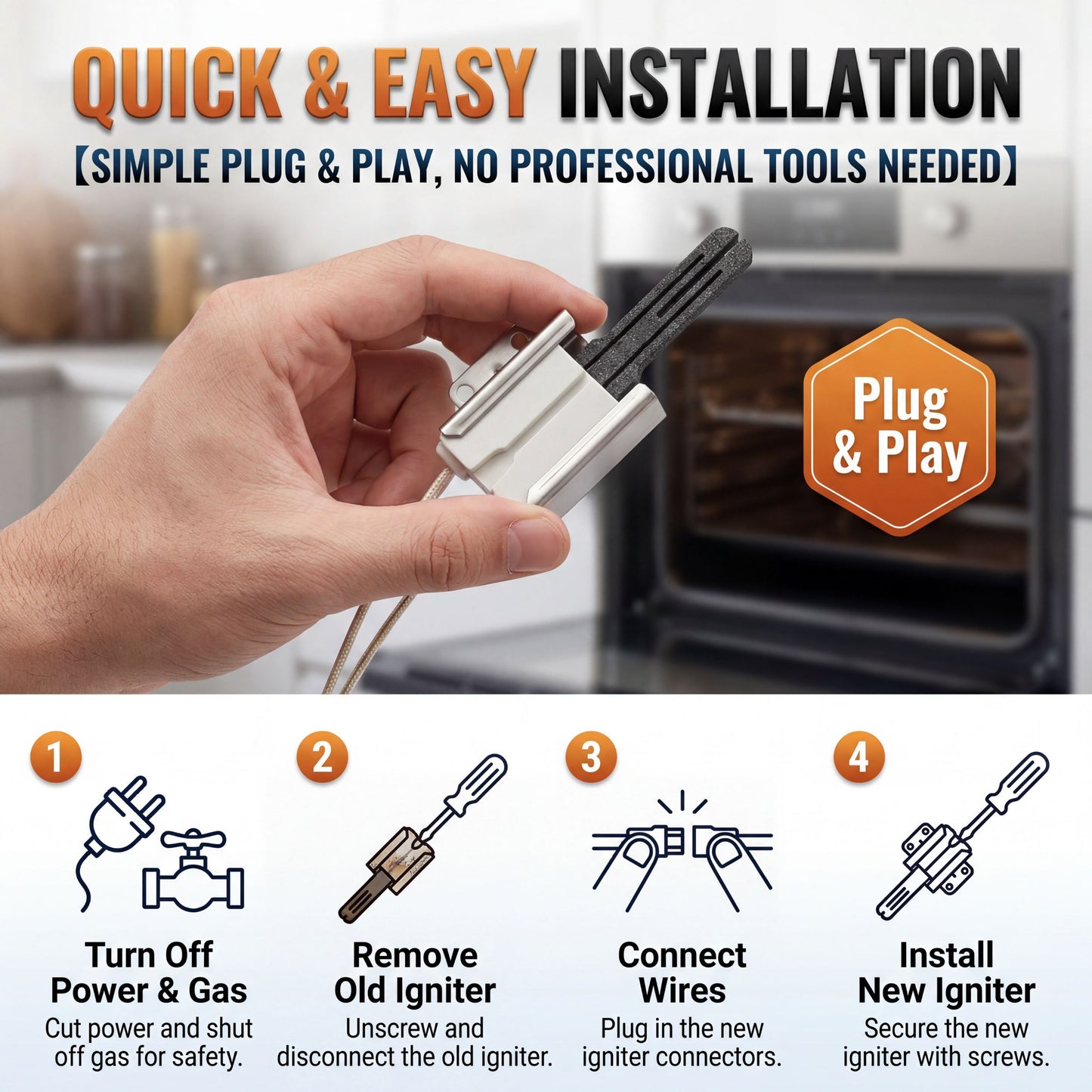 Gas Oven Igniter Replacement for Electrolux EI30 Series (EI30GF35JA EI30GF55GBB), 316489403 Flat Bake Igniter, Fast Heating Stable Current Igniter Fix No Heat / Slow Ignition Issues